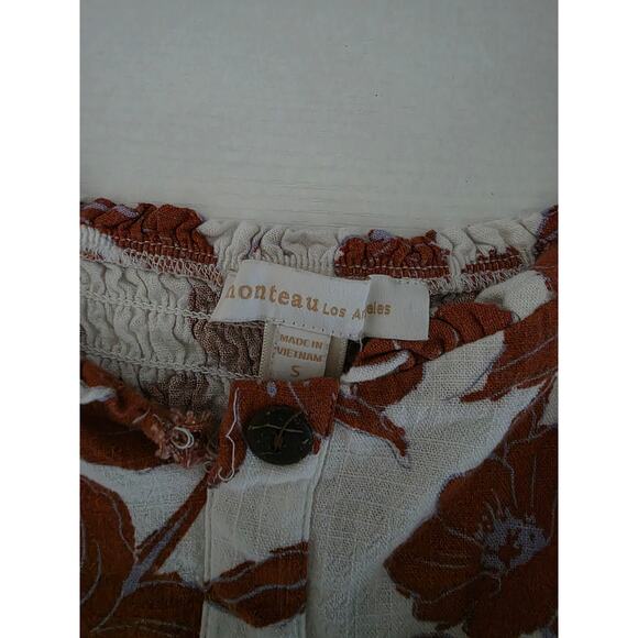 Monteau LA Sz S Cropped Off Shoulder Linen Blend Floral Top Smock Back Top Cute - Picture 3 of 7